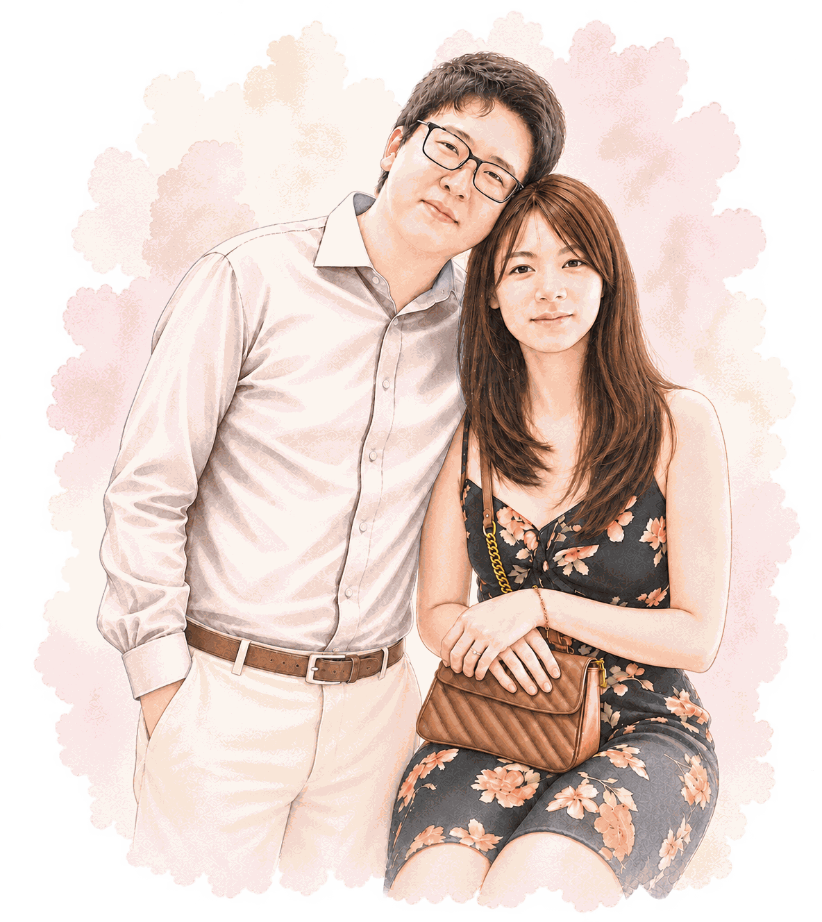 An illustrated portrait of Sueyi and William